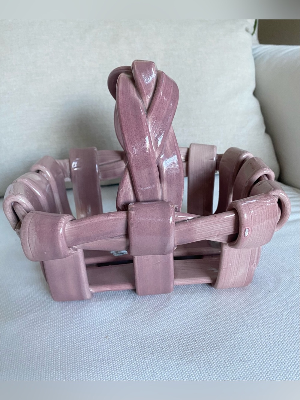VTG  Italian Ceramic Woven Basket Mauve Pink Glaze MCM 8”